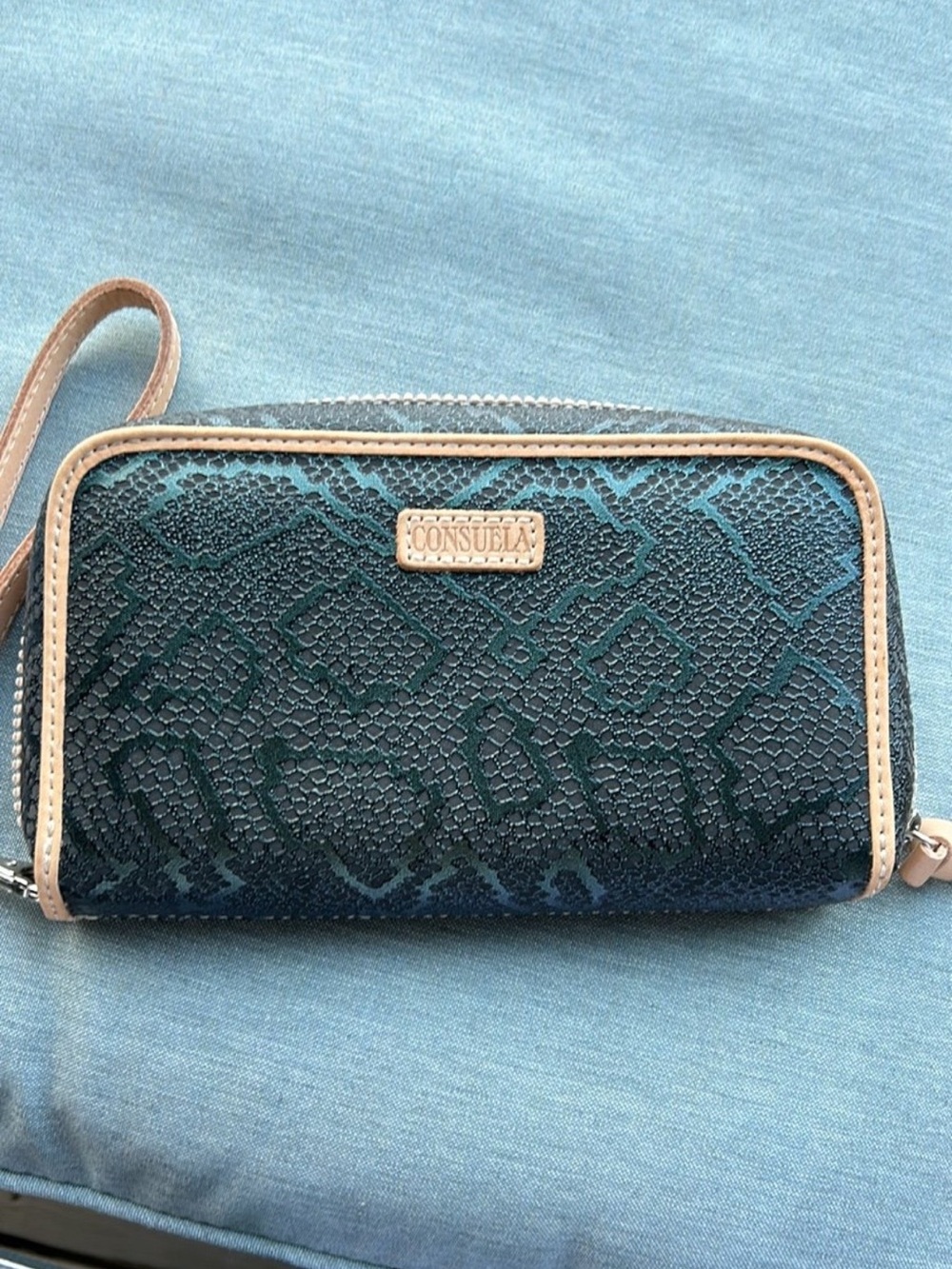 Consuela Teal Snake-Print Wristlet with Tan Trim